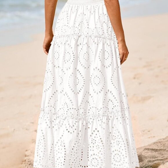 Women Boho Casual Skirts Summer 2025 Lace Embroidery Eyelet Elastic Waist Flowy - Picture 3 of 8